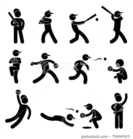 Baseball Softball Swing Pitcher Champion Icon Symbol Sign Pictogram. A set of pictogram representing baseball, softball, swinger, pitcher, and champion. 75694563