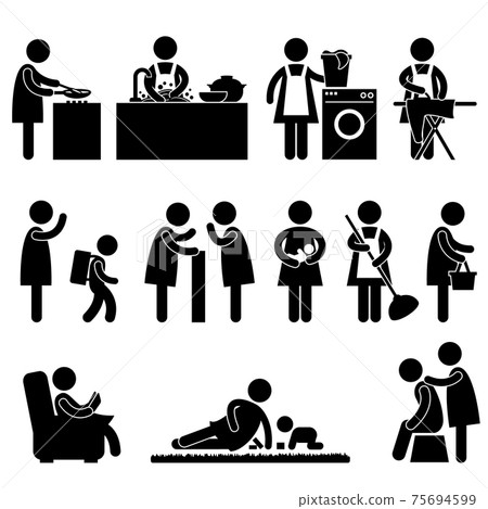 Woman Wife Mother Daily Routine Icon Sign Pictogram. A set of pictogram about a woman daily activity. 75694599