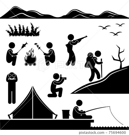 Jungle Trekking Hiking Camping Campfire Adventure. A set of pictogram about outdoor activity. 75694600