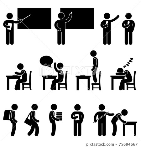 School Teacher Student class classroom Symbol. A set of human figure and pictogram showing scenarios in a school. School Teacher Student class classroom Symbol. A set of human figure and pictogram showing scenarios in a school. 75694667