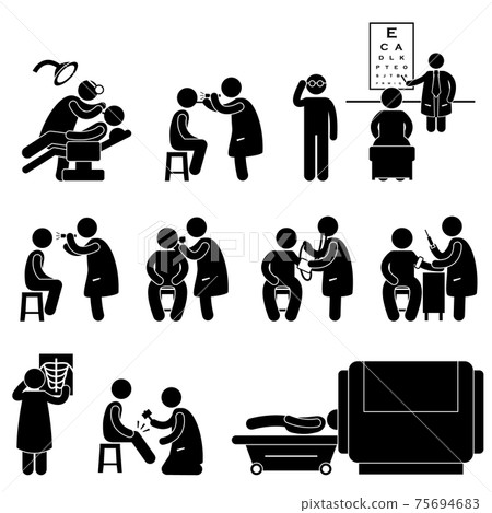 Health Medical Body Check Up Examination Test Icon Symbol Sign Pictogram. A set of pictogram showing body checkup and medical examination. 75694683