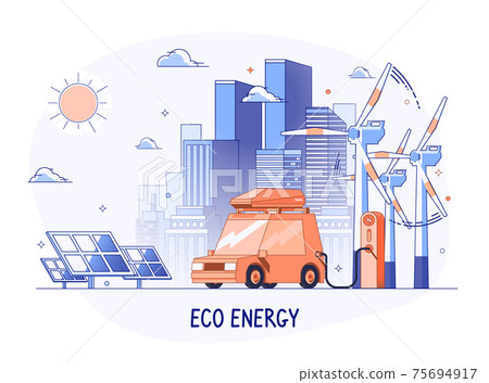 Electric Car on Refilling Station. Urban Landscape, Ecology. Electric Car on Refilling Station. Urban Landscape, Ecology. 75694917