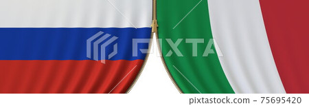 Flags of Russia and Italy and closing or opening zipper between them. Political negotiations or interaction conceptual 3D rendering 75695420