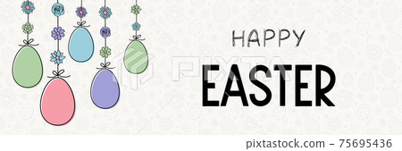 Concept of hanging Easter eggs. Banner with greetings. Vector Concept of hanging Easter eggs. Banner with greetings. Vector 75695436