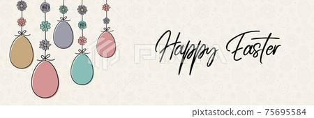 Colourful hanging Easter eggs with wishes. Banner. Vector Colourful hanging Easter eggs with wishes. Banner. Vector 75695584