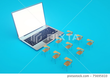 Digital classroom online education concept. School desks and laptop. 3d illustration 75695810