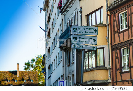 Strasbourg, France. August 2019. Tourist information signs for the historic center: Petite France. Beautiful summer day. 75695891