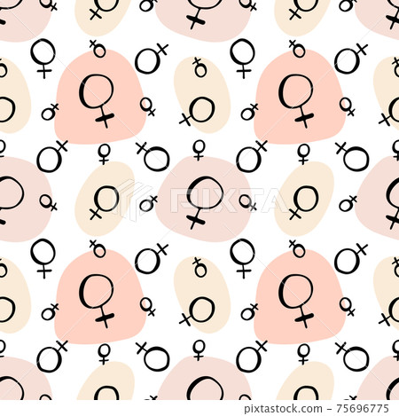 Seamless pattern with doodle style black ink planet venus sign and geometric shapes in pink neutral colors 75696775