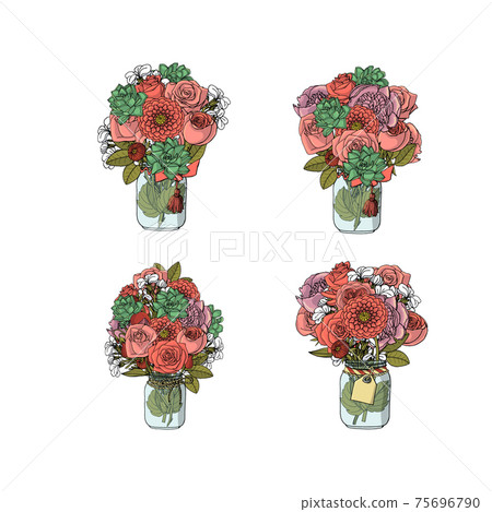 Hand drawn doodle style bouquets of different flowers isolated 75696790