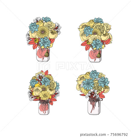 Hand drawn doodle style bouquets of different flowers isolated 75696792