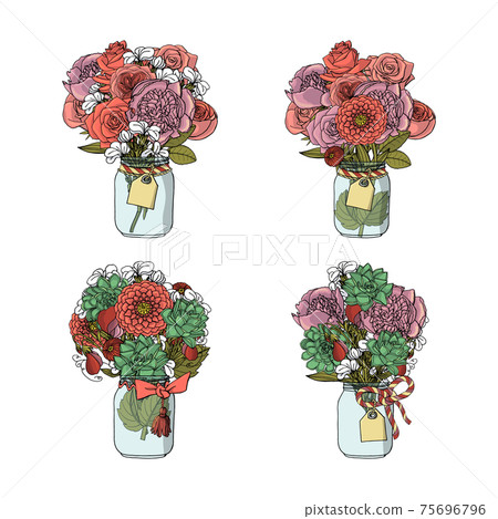 Hand drawn doodle style bouquets of different flowers isolated 75696796