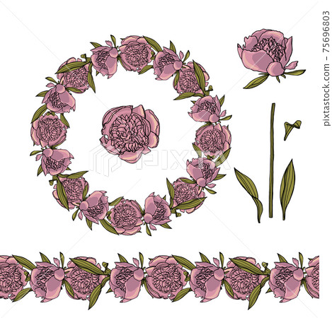 Hand drawn doodle style violet peony flower wreath and seamless brush. floral design element. Hand drawn doodle style violet peony flower wreath and seamless brush. floral design element. 75696803