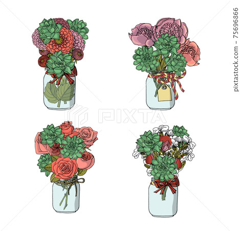 Hand drawn doodle style bouquets of different flowers: rose, dahlia,stock flower,sweet pea,peony,succulents. 75696866