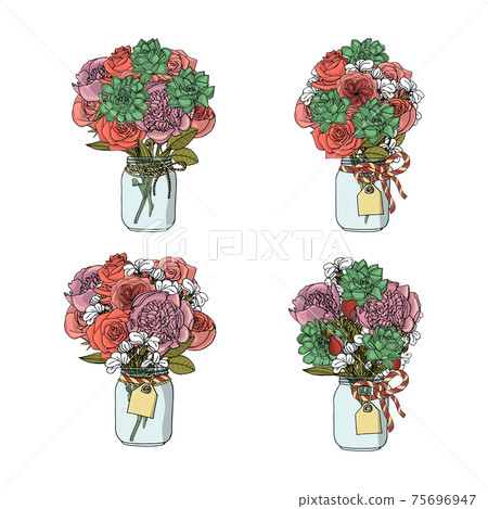 Hand drawn doodle style bouquets of different flowers isolated 75696947