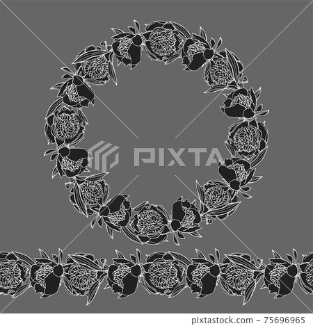 Hand drawn doodle style peony flower wreath and seamless brush. 75696965