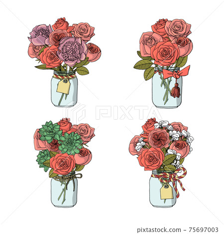 Hand drawn doodle style bouquets of different flowers, rose,stock flower,peony,succulents. 75697003