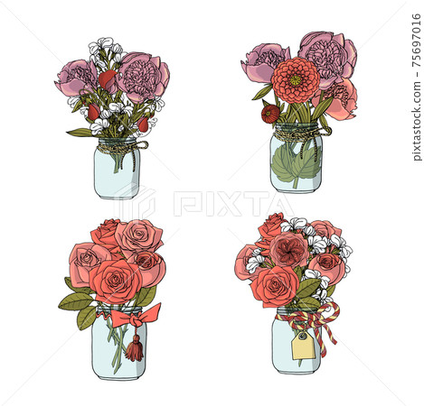 Hand drawn doodle style bouquets of different flowers: rose, peony, stock flower, sweet pea. isolated on white background. vector Hand drawn doodle style bouquets of different flowers: rose, peony, stock flower, sweet pea. isolated on white background. vector 75697016