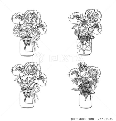 Hand drawn doodle style bouquets of different flowers, succulent,dahlia,stock flower,sweet pea. 75697030