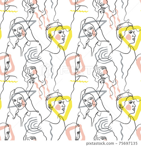 Seamless pattern with single line drawing of woman portrait with abstract geometric shapes. White background Seamless pattern with single line drawing of woman portrait with abstract geometric shapes. White background 75697135