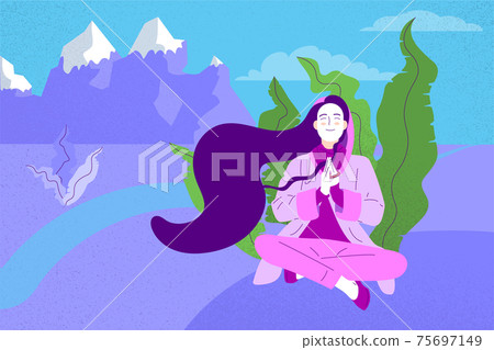 Flat style girl with long hair sitting crossed legged with prayer gesture Flat style girl with long hair sitting crossed legged with prayer gesture 75697149