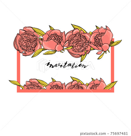 Hand drawn doodle style pink peony flower wreath with custom hand lettering. floral design element. 75697481