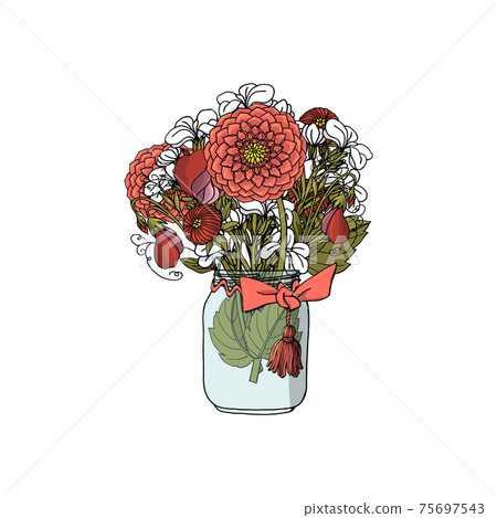 Hand drawn doodle style bouquets of different flowers, dahlia, stock flower, sweet pea. 75697543