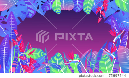 Floral background template with neon gradient tropical leaves. Vector illustration 75697544