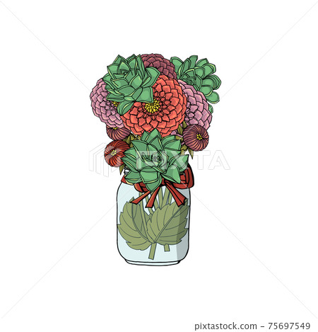 Hand drawn doodle style bouquets of different flowers, dahlia, succulents. 75697549