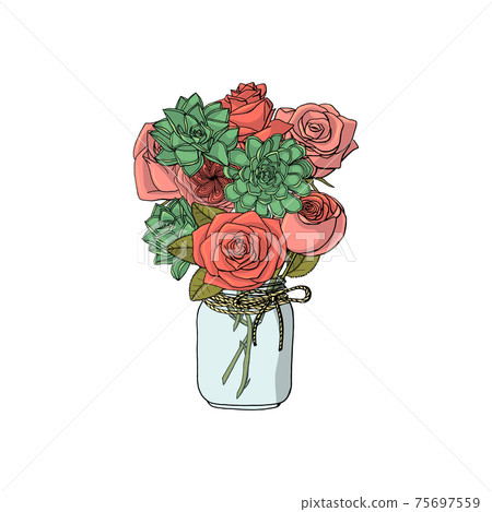 Hand drawn doodle style bouquets of different flowers: roses, succulents. 75697559