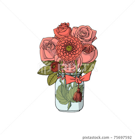 Hand drawn doodle style bouquets of different flowers, roses and dhalias. 75697592