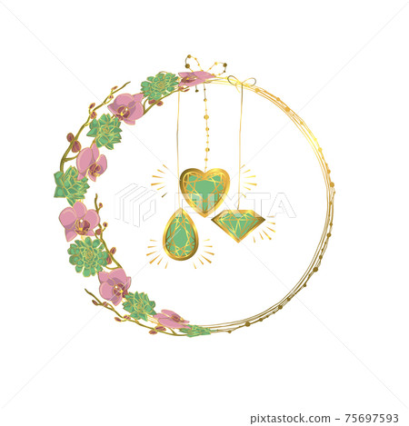 Hand drawn doodle style asymmetric succulent and orchid flowers wreath. 75697593