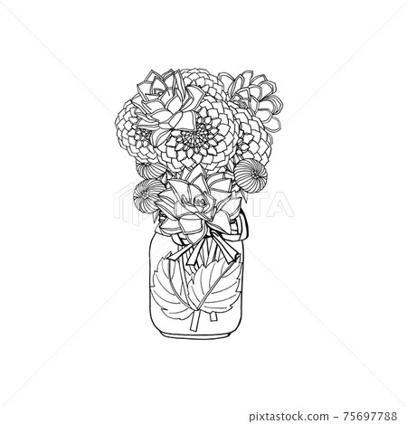 Hand drawn doodle style bouquets of different flowers, dahlia, succulents. 75697788