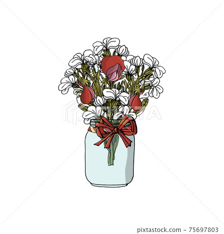 Hand drawn doodle style bouquets of different flowers: stock flower,sweet pea. 75697803