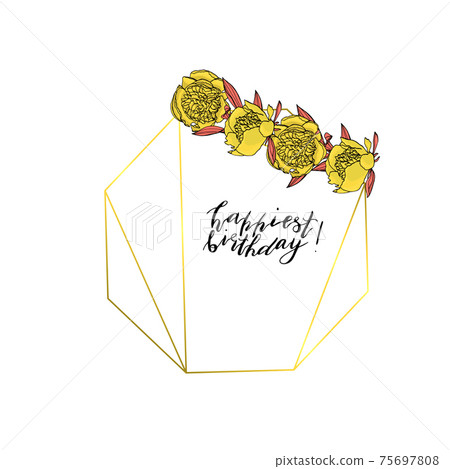 Hand drawn doodle style wreath with yellow peony flower polygonal garland, vintage geometric frame, floral design element. 75697808