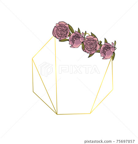 Hand drawn doodle style violet peony flower wreath with polygonal garland, vintage geometric frame, floral design element. Hand drawn doodle style violet peony flower wreath with polygonal garland, vintage geometric frame, floral design element. 75697857
