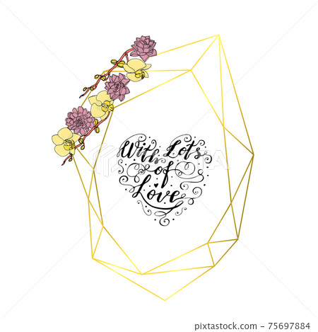 Hand drawn doodle style succulent and orchid flowers wreath with polygonal garland, vintage geometric frame, floral design element. Hand drawn doodle style succulent and orchid flowers wreath with polygonal garland, vintage geometric frame, floral design element. 75697884