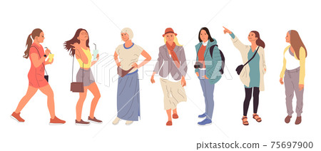 Set of different people characters in casual outfit. Crowd of girls in different poses, walking, standing outdoors. Isolated on white. Set of different people characters in casual outfit. Crowd of girls in different poses, walking, standing outdoors. Isolated on white. 75697900