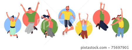 Set of young happy smiling people in jumping poses with colorful circles on background. Set of female and male active people. Isolated on white. Flat style stock vector. 75697901
