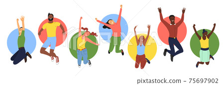 Set of young happy smiling people in jumping poses with colorful circles on background. Set of female and male active people. Isolated on white. Flat style vector. Set of young happy smiling people in jumping poses with colorful circles on background. Set of female and male active people. Isolated on white. Flat style vector. 75697902