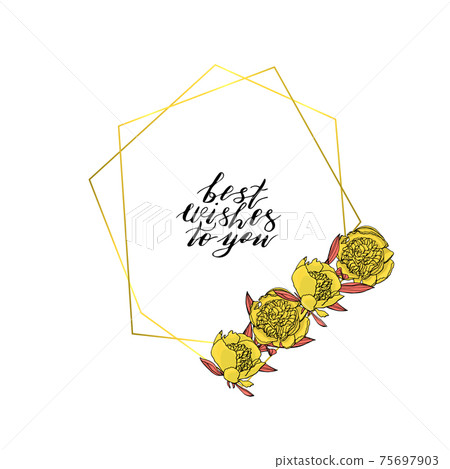 Hand drawn doodle style wreath with yellow peony flower polygonal garland, vintage geometric frame, floral design element. Hand drawn doodle style wreath with yellow peony flower polygonal garland, vintage geometric frame, floral design element. 75697903