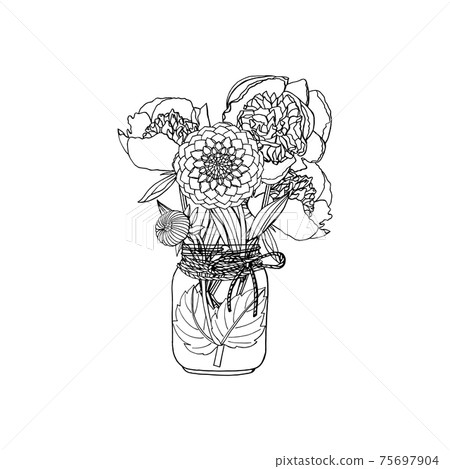 Hand drawn doodle style bouquet of different flowers, peony, dahlia Hand drawn doodle style bouquet of different flowers, peony, dahlia 75697904