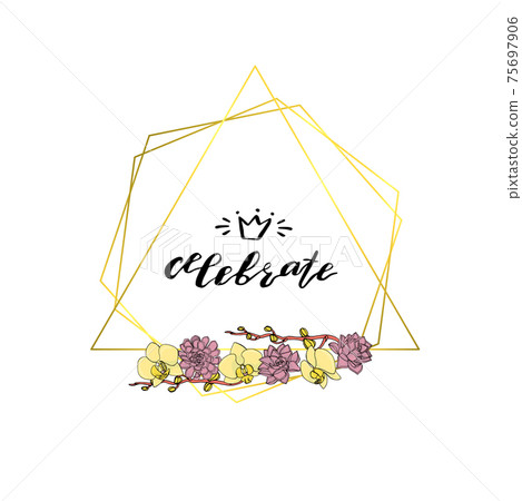 Hand drawn doodle style succulent and orchid flowers wreath with polygonal garland, vintage geometric frame, floral design element. Hand drawn doodle style succulent and orchid flowers wreath with polygonal garland, vintage geometric frame, floral design element. 75697906
