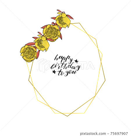 Hand drawn doodle style wreath with yellow peony flower polygonal garland, vintage geometric frame Hand drawn doodle style wreath with yellow peony flower polygonal garland, vintage geometric frame 75697907