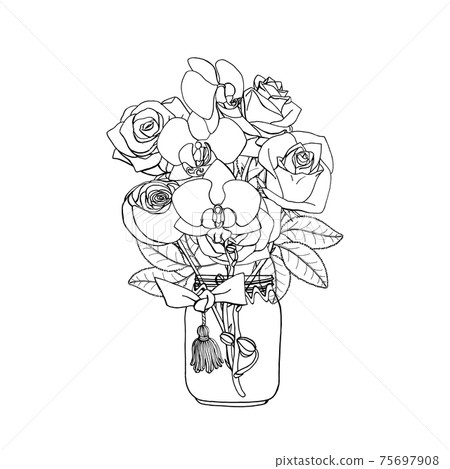 Hand drawn doodle style bouquet of black and white roses and orchids. Isolated on white background. Monochrome Stock vector illustration Hand drawn doodle style bouquet of black and white roses and orchids. Isolated on white background. Monochrome Stock vector illustration 75697908