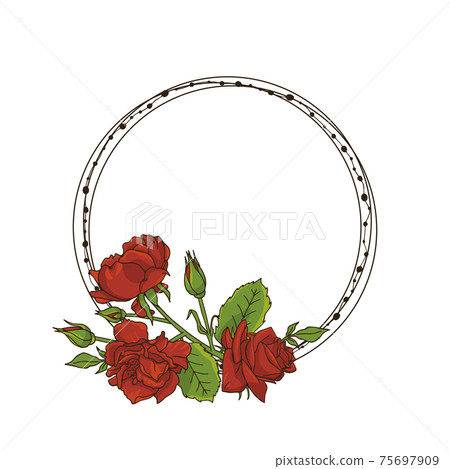 Round line frame with pink red flower bouquets. Vector illustration Round line frame with pink red flower bouquets. Vector illustration 75697909