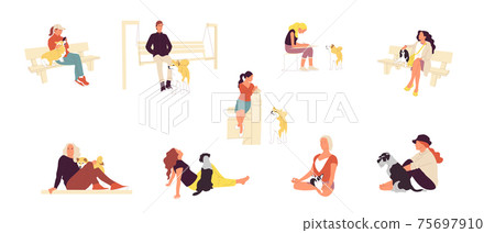 Set of many people sitting with their dogs. Men and women outdoors with pets. Set of many people sitting with their dogs. Men and women outdoors with pets. 75697910