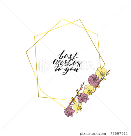 Hand drawn doodle style wreath from orchid flowers and succulents, with polygonal garland, vintage geometric frame 75697911
