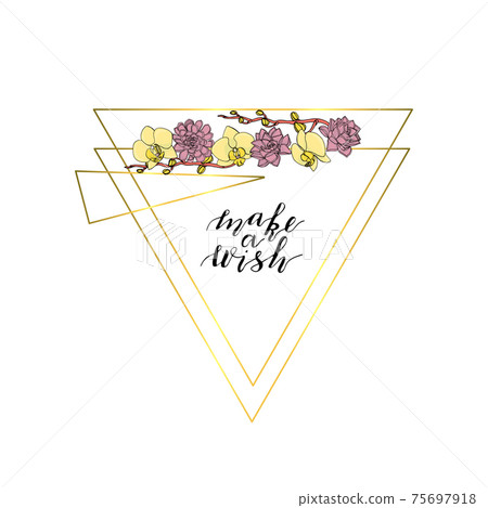 Hand drawn doodle style succulent and orchid flowers wreath with polygonal garland, vintage geometric frame, floral design element. 75697918