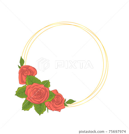 Round line frame with pink rose flower bouquets. Vector illustration 75697974