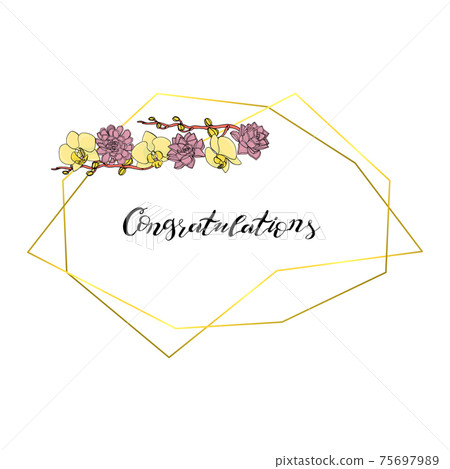 Hand drawn doodle style succulent and orchid flowers wreath with polygonal garland, vintage geometric frame, floral design element. Hand drawn doodle style succulent and orchid flowers wreath with polygonal garland, vintage geometric frame, floral design element. 75697989